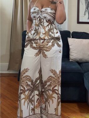 Strapless White Jumpsuit with Brown Palm Print